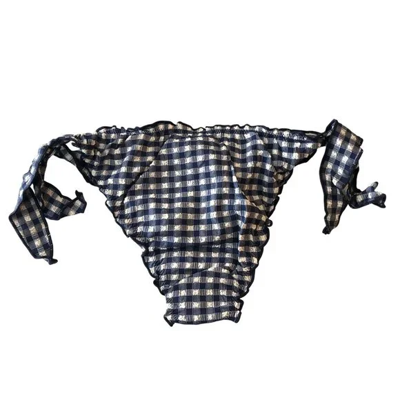 J Crew Ronnie Lettuce-Trim Bikini Bottom Gingham Navy Blue S - Picture 3 of 6